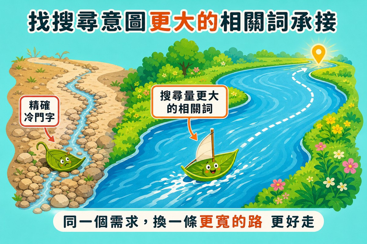 河流交匯圖，一條細窄乾涸的小溪標示「精確冷門字」旁邊擱淺一艘小船，另一條寬闊豐沛的大河標示「搜尋量更大的相關詞」上一艘小船順利遠航；標題「找搜尋意圖更大的相關詞承接」