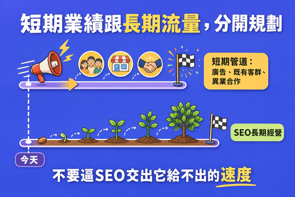 上下兩條平行時間軸，上方短時間軸有閃電與擴音器圖示快速抵達旗幟標示「短期管道：廣告、既有客群、異業合作」，下方長時間軸有緩慢成長的植物圖示遠遠才抵達旗幟標示「SEO長期經營」，中間一條垂直虛線標示「今天」；標題「短期業績跟長期流量，分開規劃」