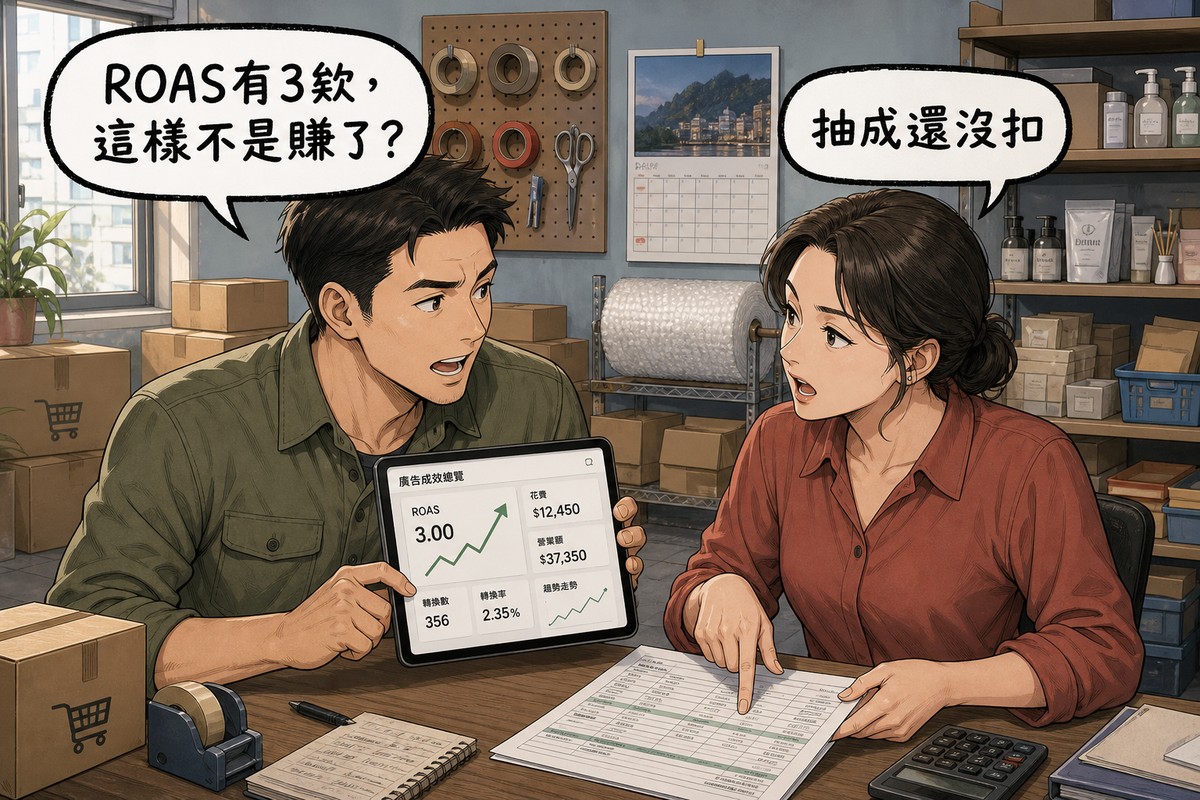 一男一女在電商出貨間隔桌對談,男方拿著平板顯示廣告後台成效,氣泡寫「ROAS有3欸,這樣不是賺了?」,女方指著對帳單回應「抽成還沒扣」