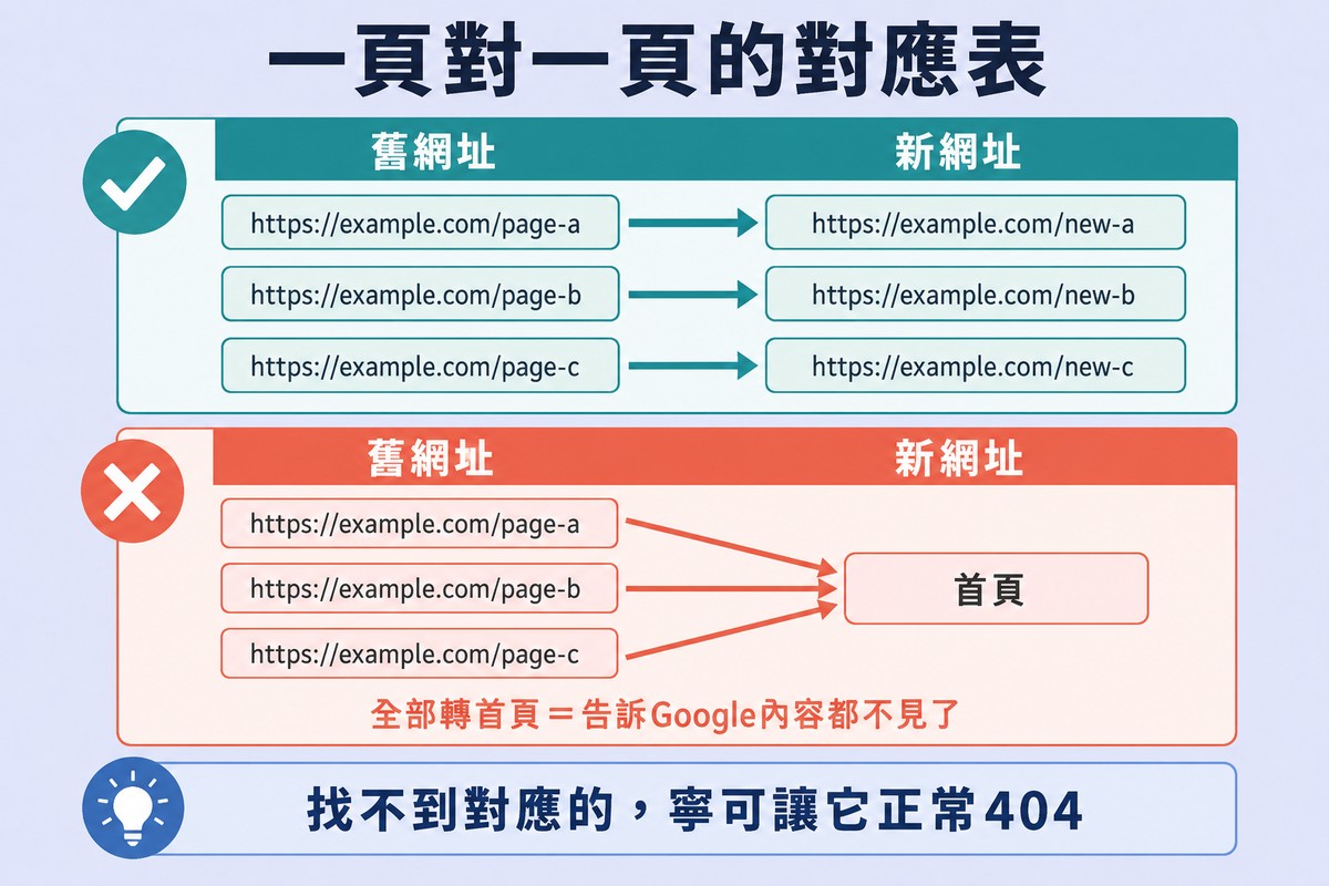 上方是舊網址對新網址一對一連線的對應表,下方灰掉的錯誤示範是三個舊網址全部匯入首頁