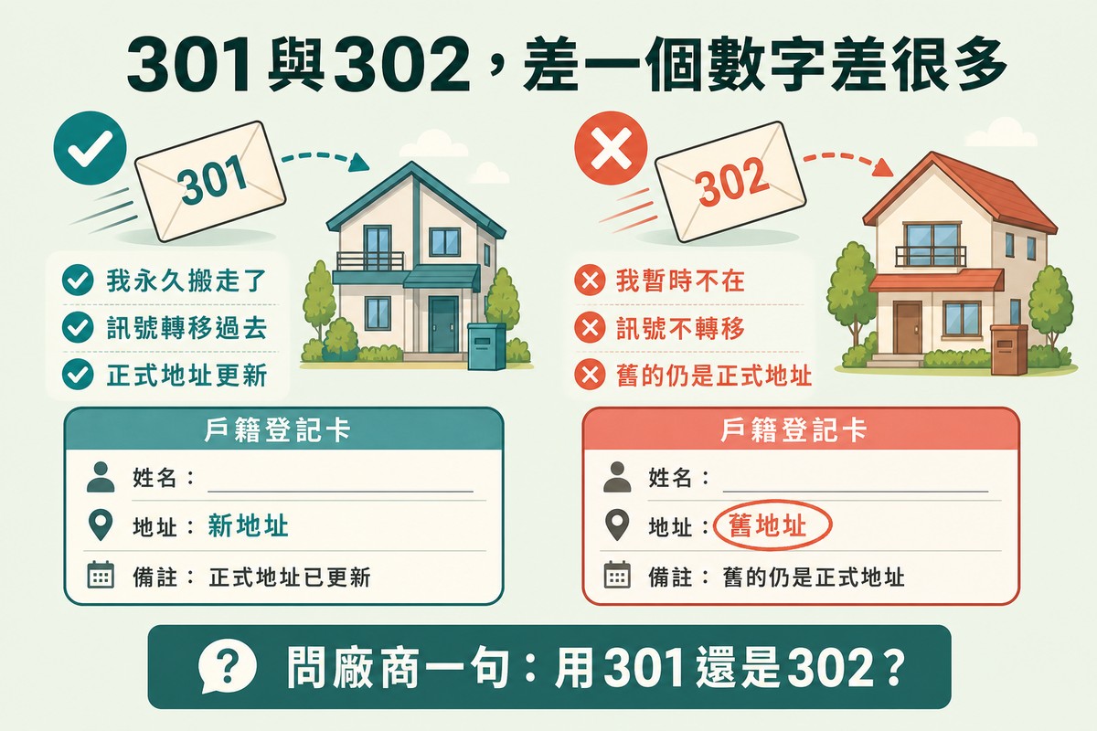 左右對照,301的信件送到新家且登記卡上的正式地址已更新,302的信件雖然轉送但登記卡仍圈著舊地址