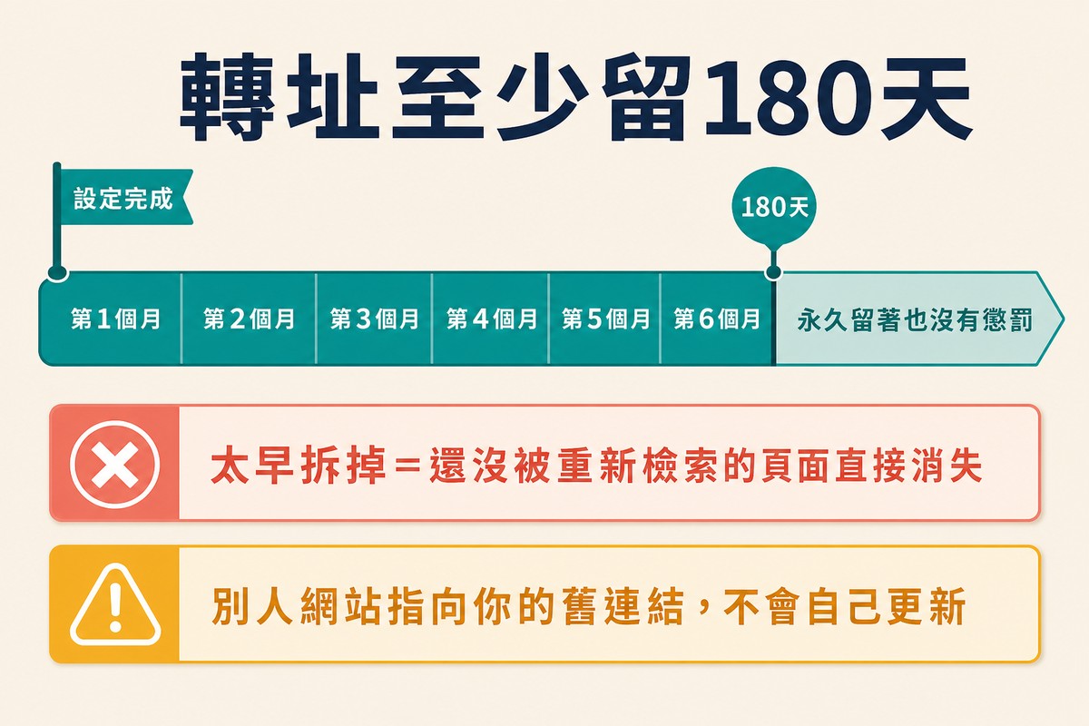 六個月份區塊組成的長條,起點標示設定完成、終點標示180天,之後以淺色延續並標示永久留著沒有懲罰