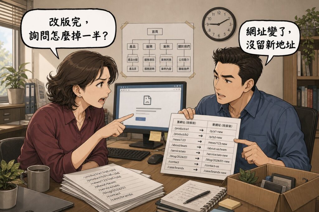 一男一女在辦公室對談,女方指著螢幕上的錯誤頁面,氣泡寫「改版完,詢問怎麼掉一半?」,男方舉著兩欄對照表回應「網址變了,沒留新地址」