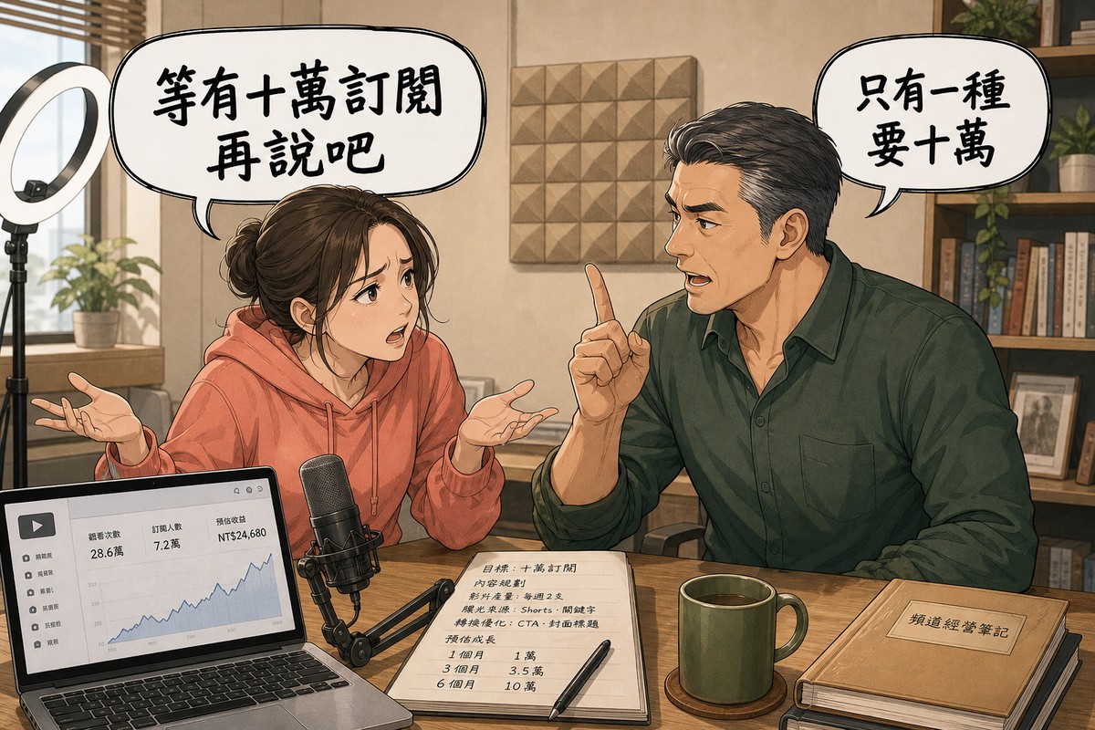 一位年輕創作者與一位商業導師在家庭工作室對談,創作者攤手說「等有十萬訂閱再說吧」,導師舉起一根手指回應「只有一種要十萬」