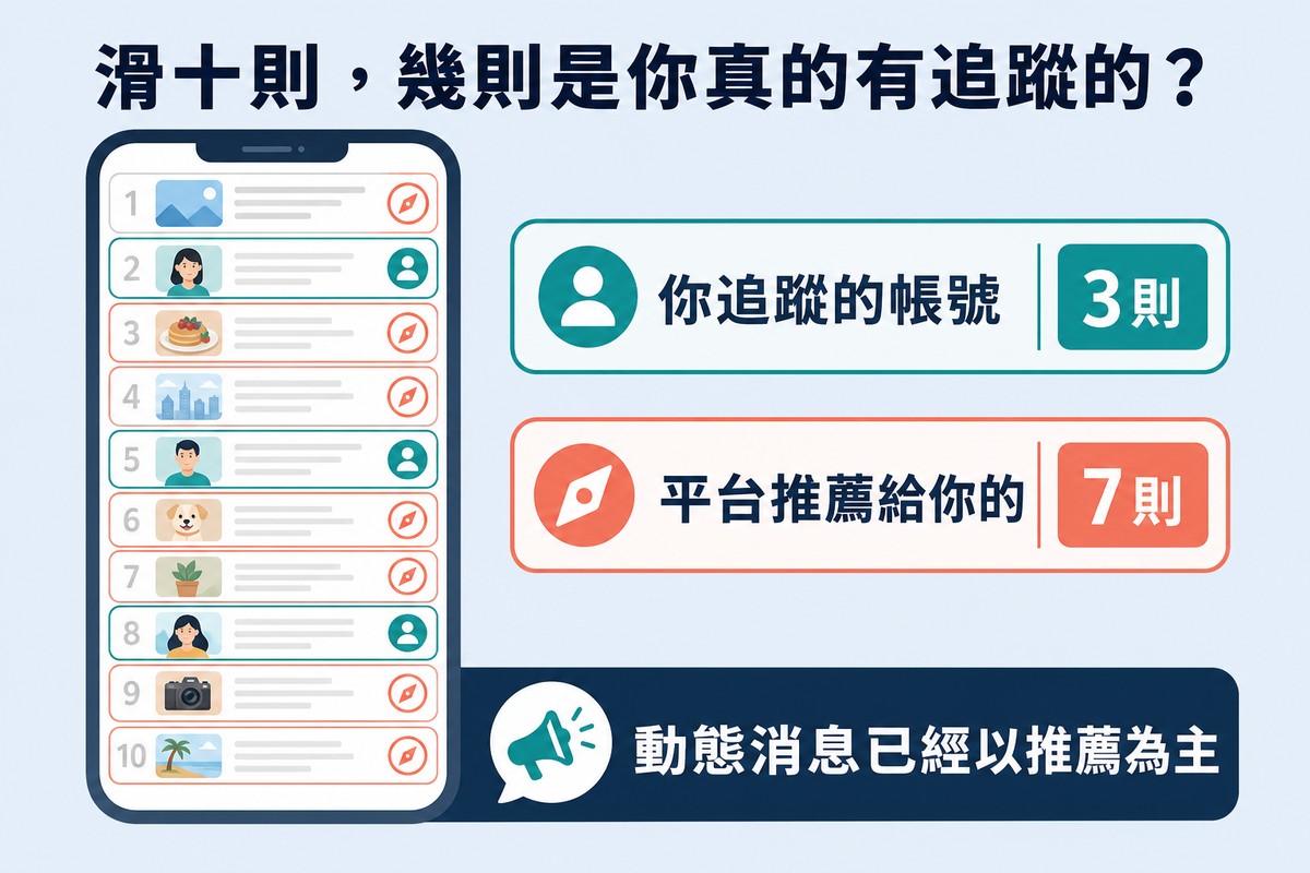 手機動態消息示意圖,十張貼文卡片中只有三張標為你追蹤的帳號,其餘七張標為平台推薦