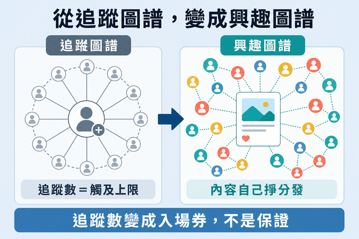 左右兩張網絡圖,左邊追蹤圖譜只連到固定一圈追蹤者,右邊興趣圖譜由內容向外擴散到許多未連結的節點