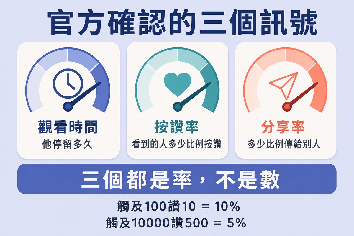 三個儀表盤並列,分別是觀看時間、按讚率、分享率,下方強調三個都是率不是數