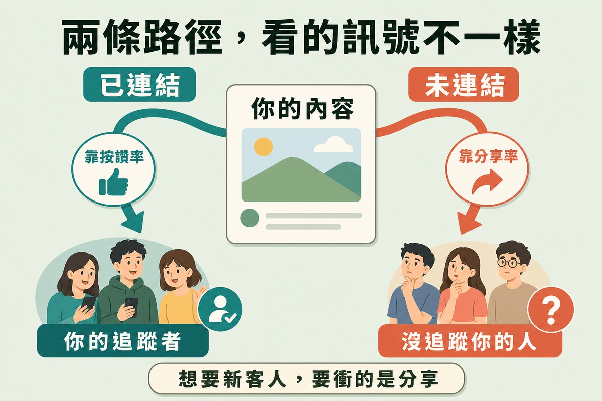 中央一張內容卡分出兩條路徑,左邊已連結通往追蹤者標示靠按讚率,右邊未連結通往陌生人標示靠分享率