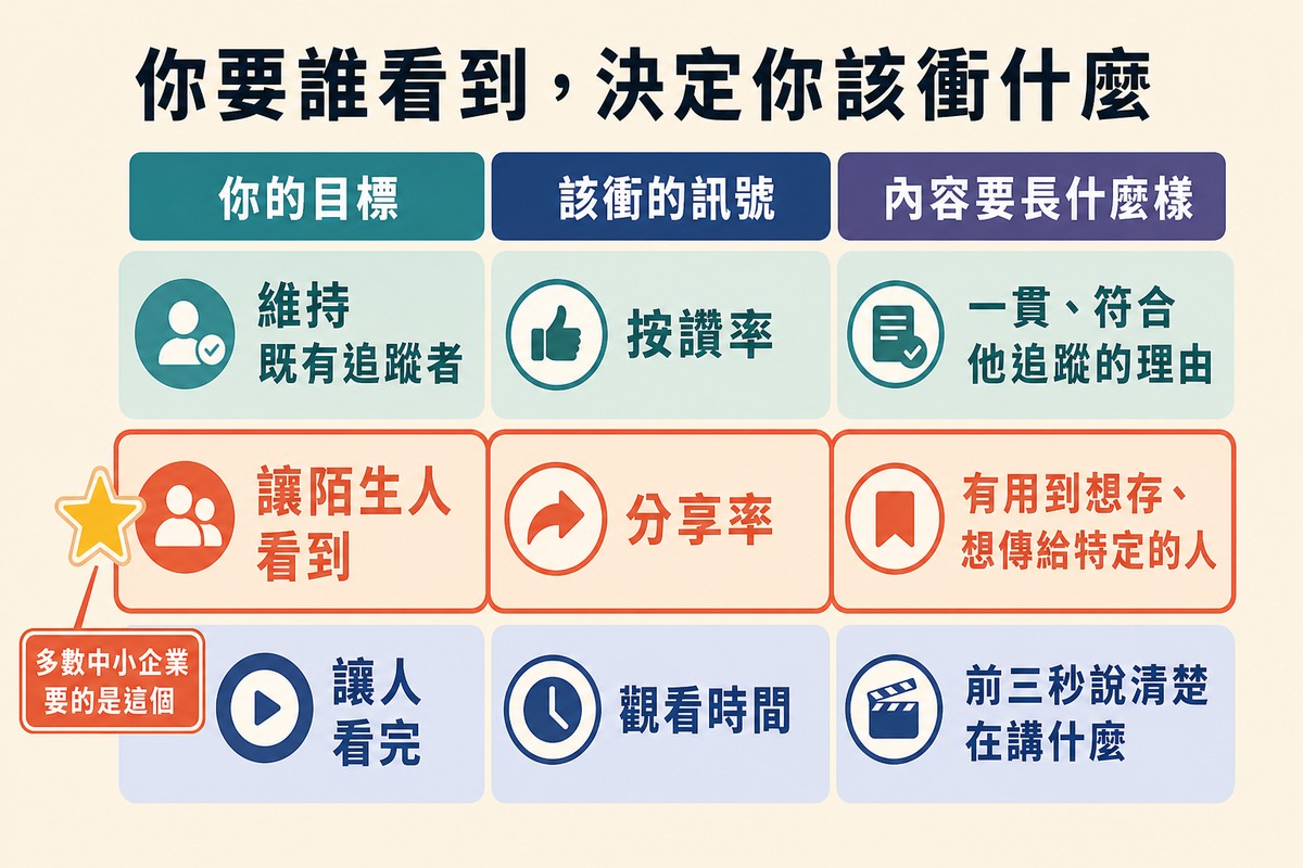 三列對照表,依維持追蹤者、讓陌生人看到、讓人看完三種目標,各對應該衝的訊號與內容樣貌