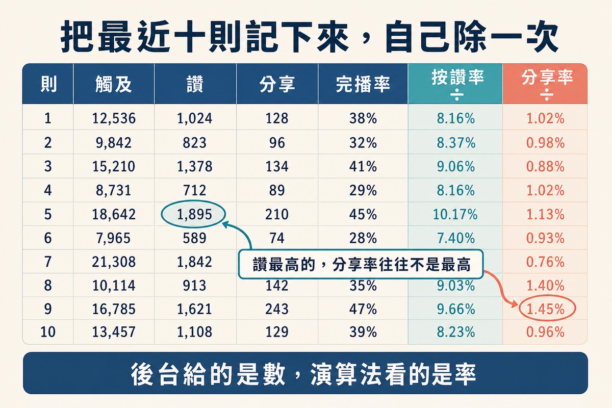 試算表示意圖,除了觸及、讚、分享、完播率之外,另外兩欄按讚率與分享率被標亮並標註要自己除