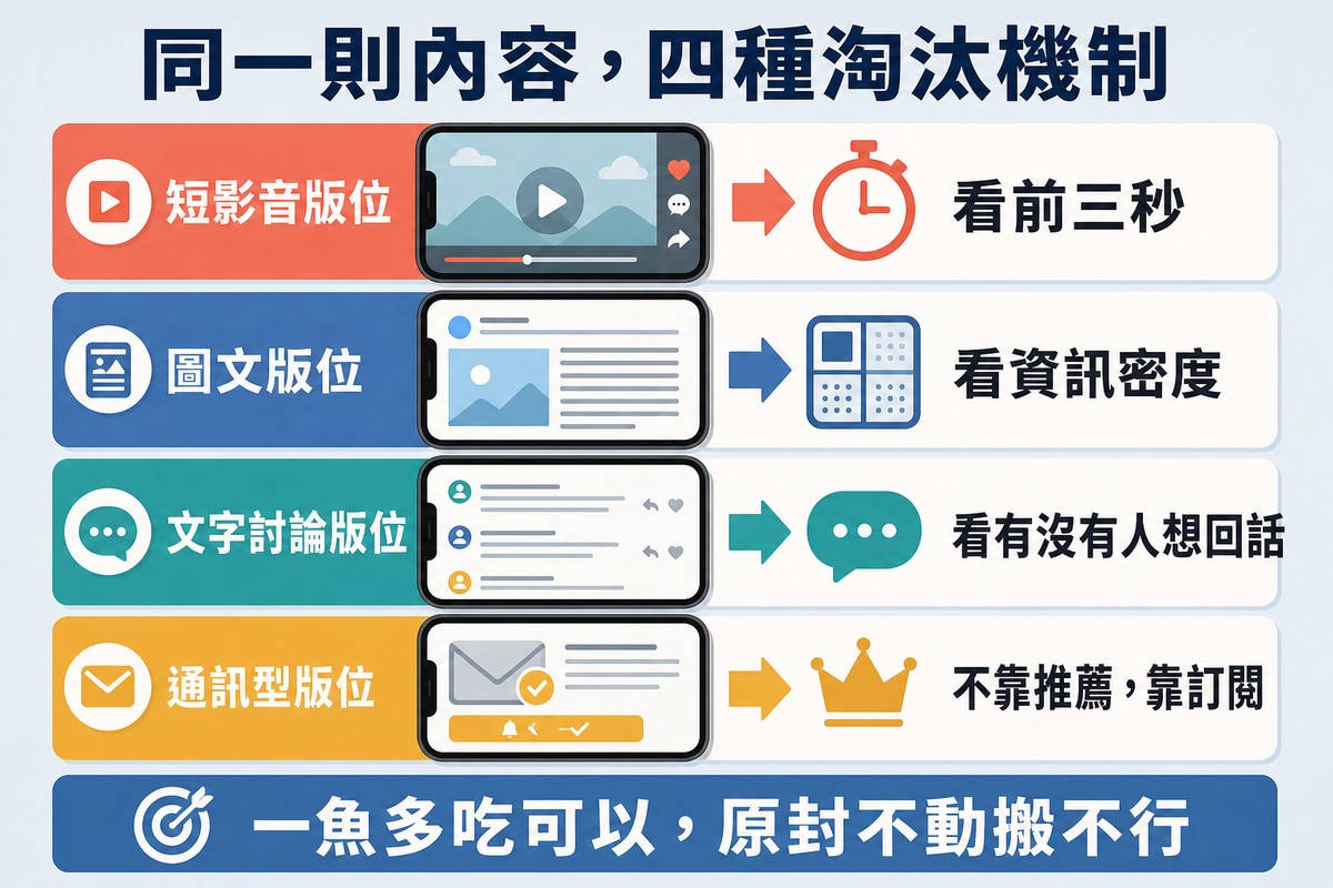 四列對照,短影音版位看前三秒、圖文版位看資訊密度、文字討論版位看有沒有人回話、通訊型版位靠訂閱