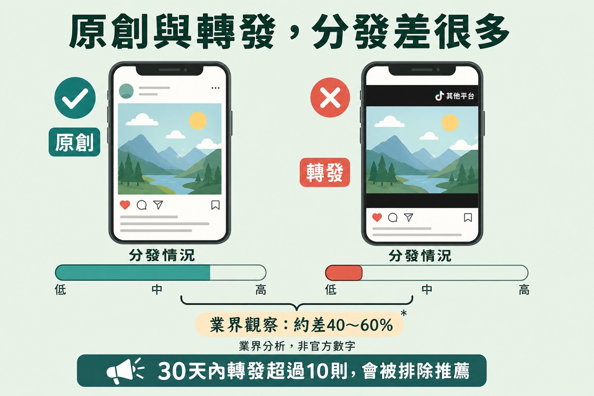 左右對照,左邊原創貼文的分發長條明顯較長,右邊帶有其他平台浮水印與黑邊的轉發貼文分發長條很短
