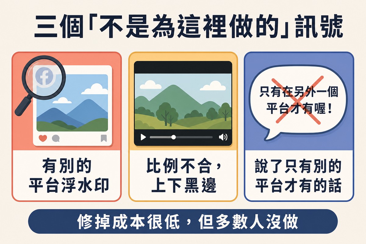 三張卡片,分別標示有別的平台浮水印、比例不合上下黑邊、說了只有別的平台才有的話