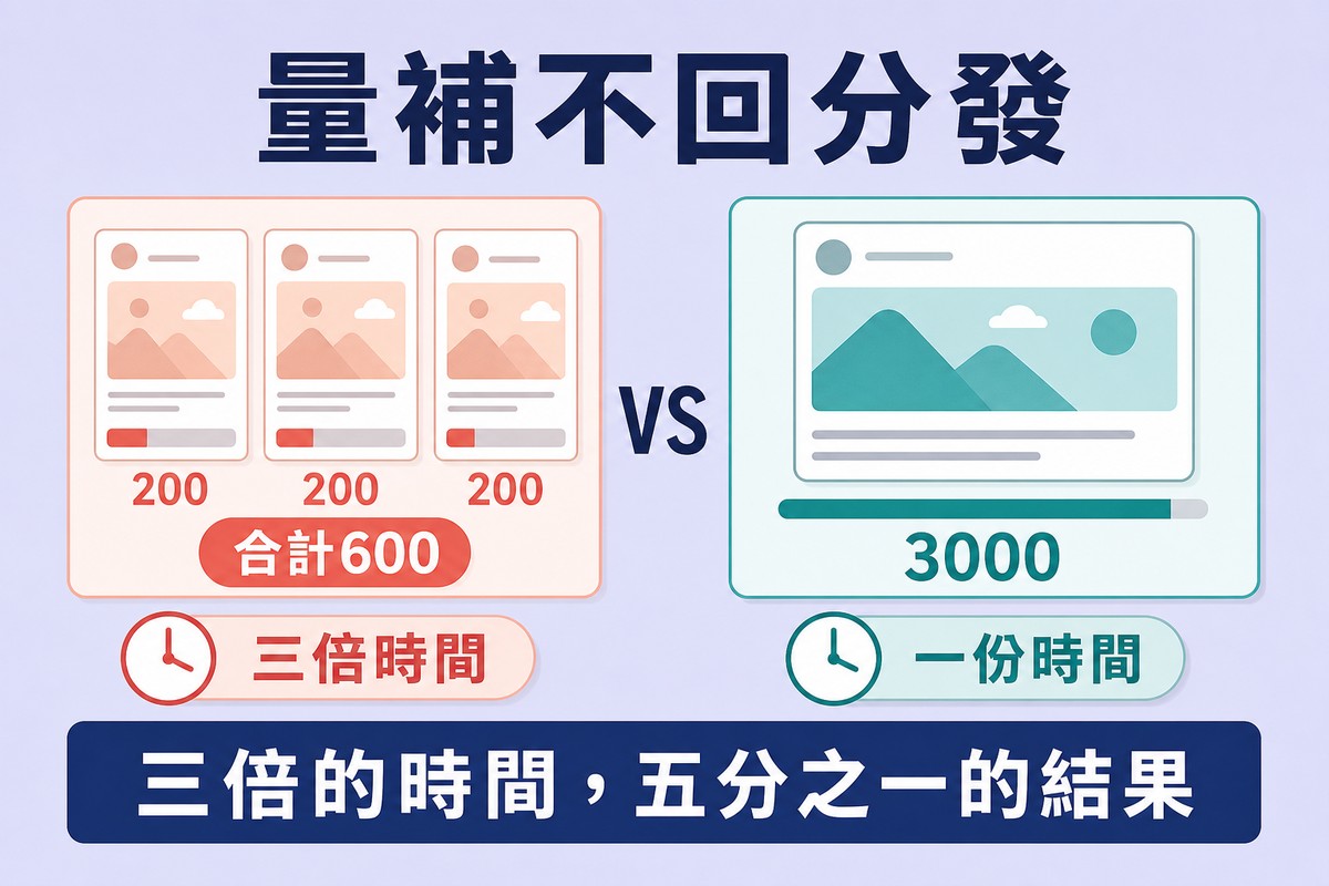 左右對照,左邊三則各觸及兩百合計六百並標示三倍時間,右邊一則觸及三千只花一份時間