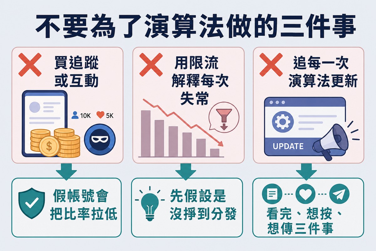 三張打叉卡片,分別是買追蹤互動、用限流解釋失常、追每一次演算法更新,各附下方的正確做法