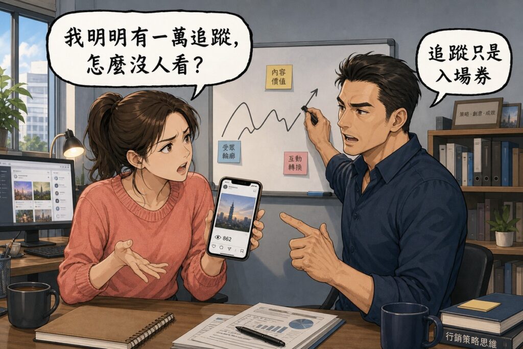 一男一女在行銷辦公室對談,女方拿著手機顯示觀看數很低的貼文,氣泡寫「我明明有一萬追蹤,怎麼沒人看?」,男方在白板前回應「追蹤只是入場券」