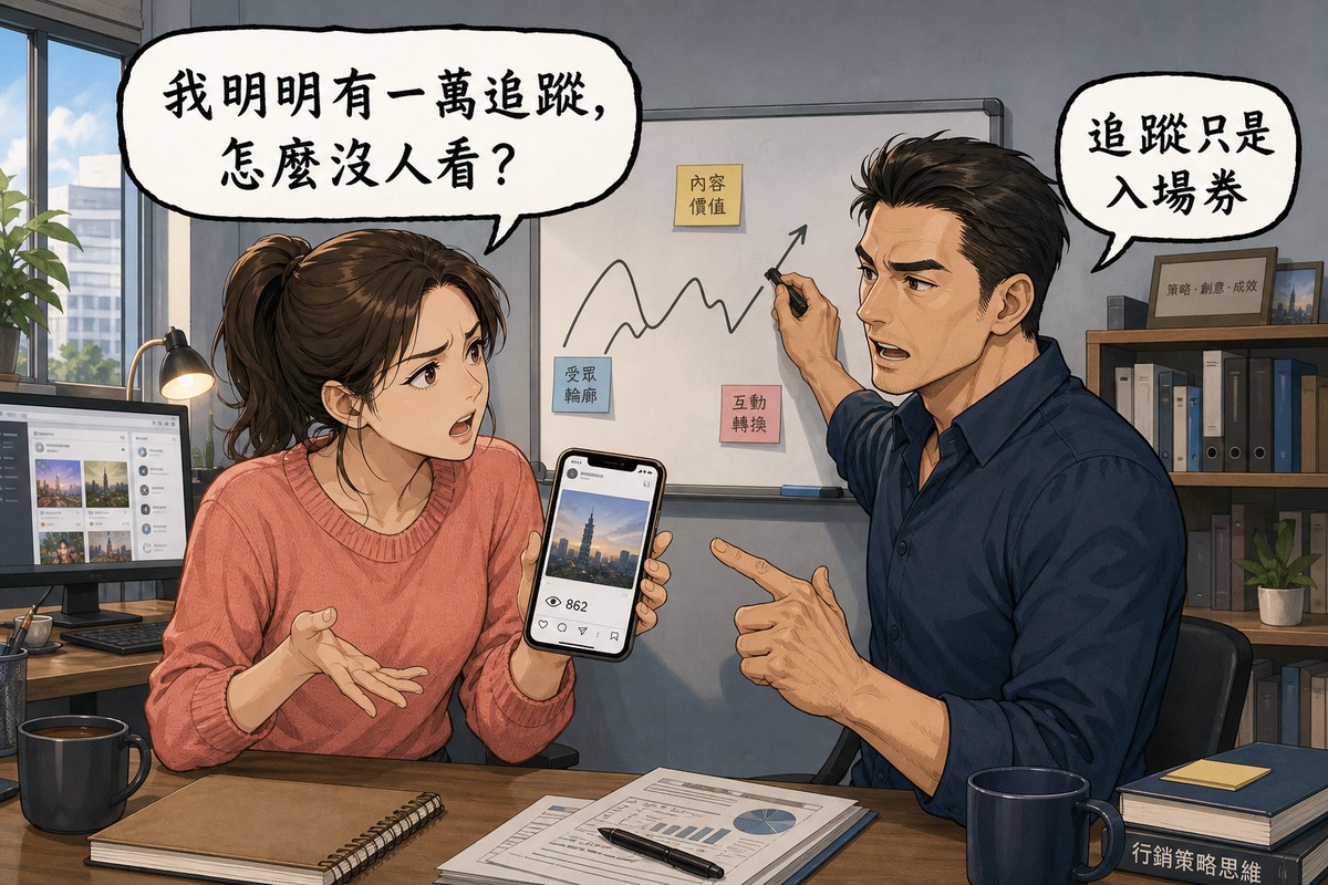 一男一女在行銷辦公室對談,女方拿著手機顯示觀看數很低的貼文,氣泡寫「我明明有一萬追蹤,怎麼沒人看?」,男方在白板前回應「追蹤只是入場券」