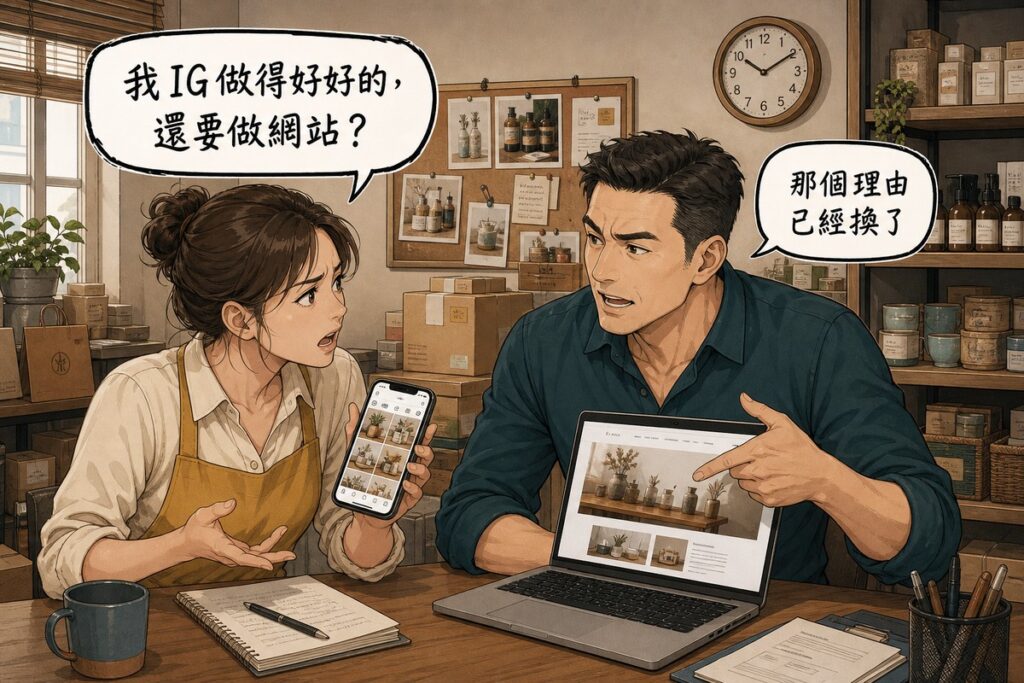 一男一女在店面後場隔桌對談，女方拿著手機顯示IG版面，氣泡寫「我IG做得好好的，還要做網站？」，男方指著筆電上的網站版型回應「那個理由已經換了」