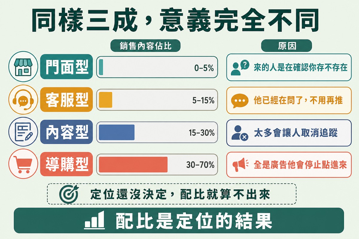 四列帳號定位各配一條長短不同的銷售內容長條與理由,從門面型幾乎沒有到導購型佔大半