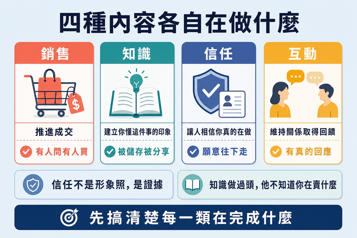 四張卡片分別是銷售、知識、信任與互動,各列它在做什麼與成功長什麼樣,下方兩個釐清標籤