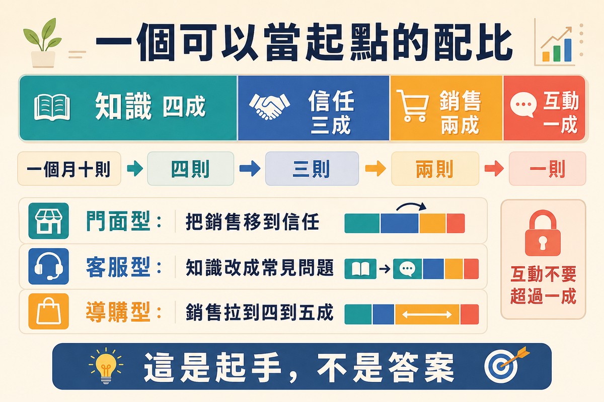 一條被分成四段的長條,依序是知識四成、信任三成、銷售兩成與互動一成,下方是一個月十則的換算與三種定位的調整建議