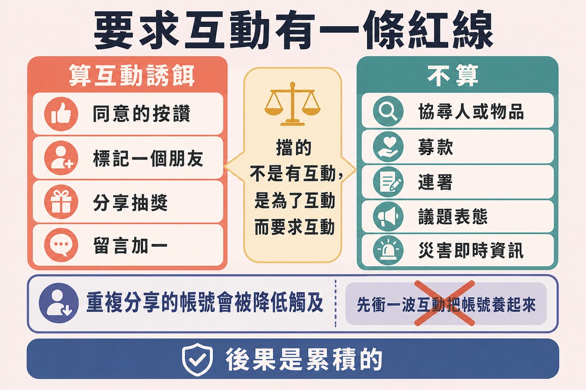 左欄四個算互動誘餌的貼文寫法,右欄五個官方列出的例外,中間一條判準帶說明擋的是為了互動而要求互動