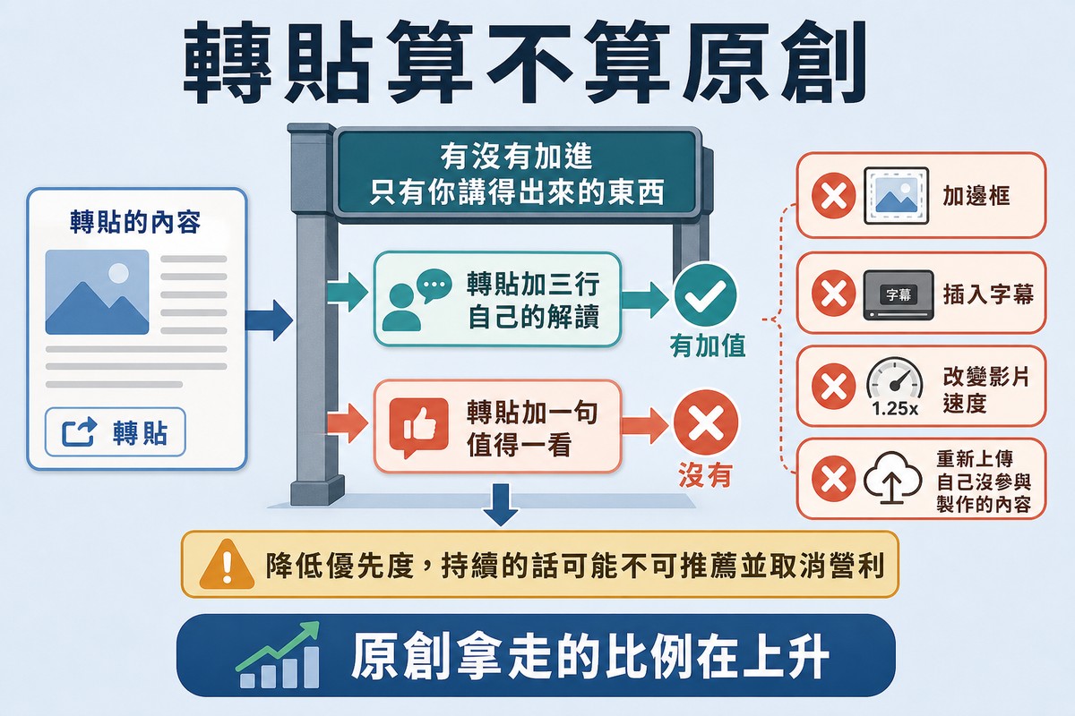 一張轉貼的文章卡片進入一個測試閘門,上下分出有加值與沒有兩種結果,右側列出三種被點名的低價值修改