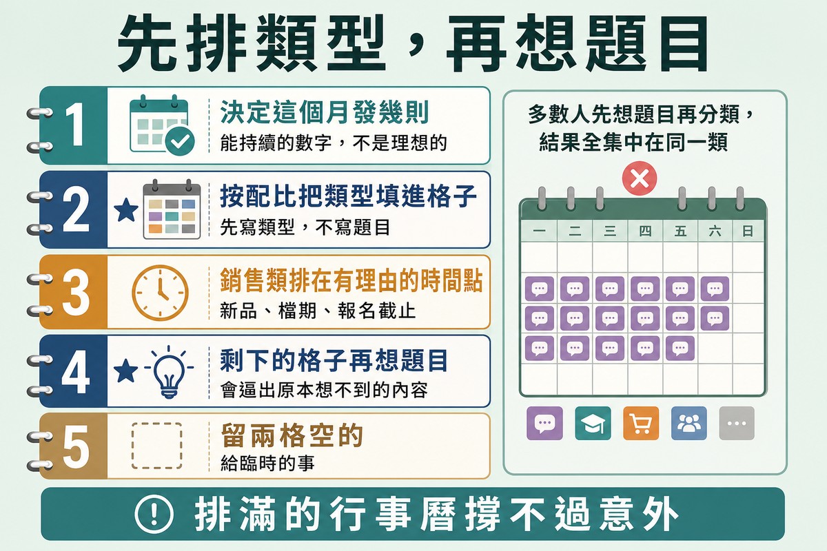 五個編號步驟沿著一欄行事曆往下排,第二步與第四步加上星號,旁邊一條對照說明多數人的相反做法