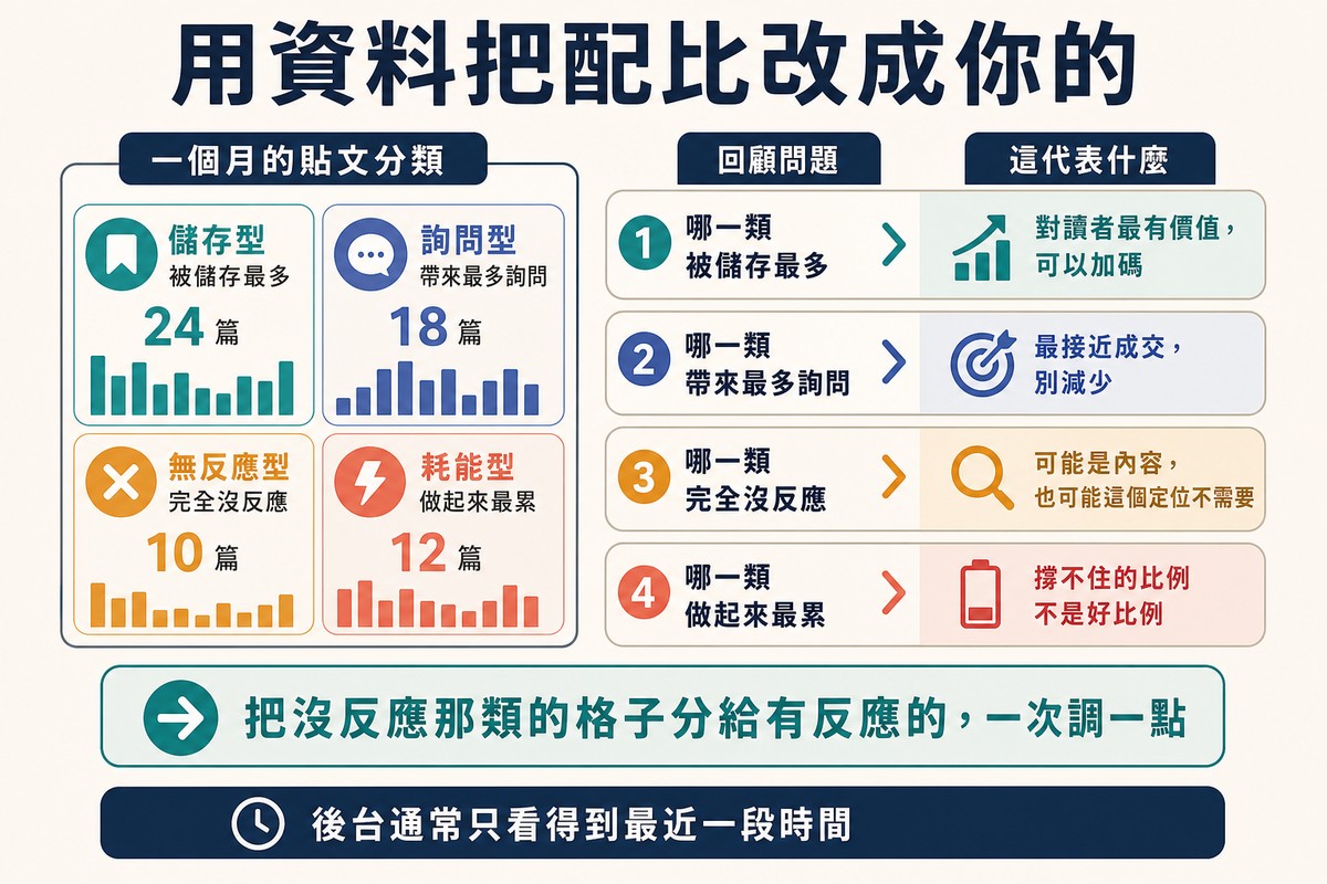 左邊一個月的貼文被分成四組,右邊四列檢討問題各附意義,下方一條調整箭頭