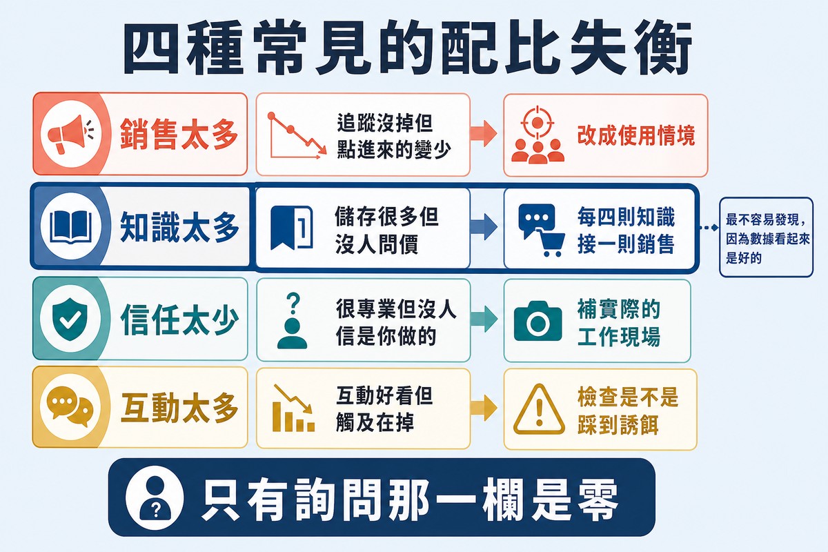 四列失衡各配症狀與修法,知識太多那一列以較重框線標出並附註最不容易發現