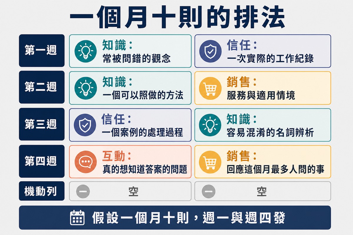 四週兩欄的行事曆格子各填入內容類型與題目方向,最下面一列是兩格留白的機動格