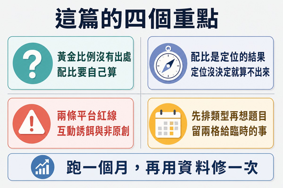 四宮格總結,分別是黃金比例沒有出處、配比是定位的結果、兩條平台紅線、先排類型再想題目
