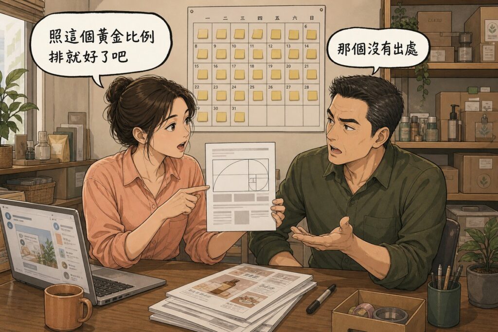 一位社群小編與一位行銷顧問在工作室對談,小編舉著一份印著比例圖的文章說「照這個黃金比例排就好了吧」,顧問攤手回應「那個沒有出處」