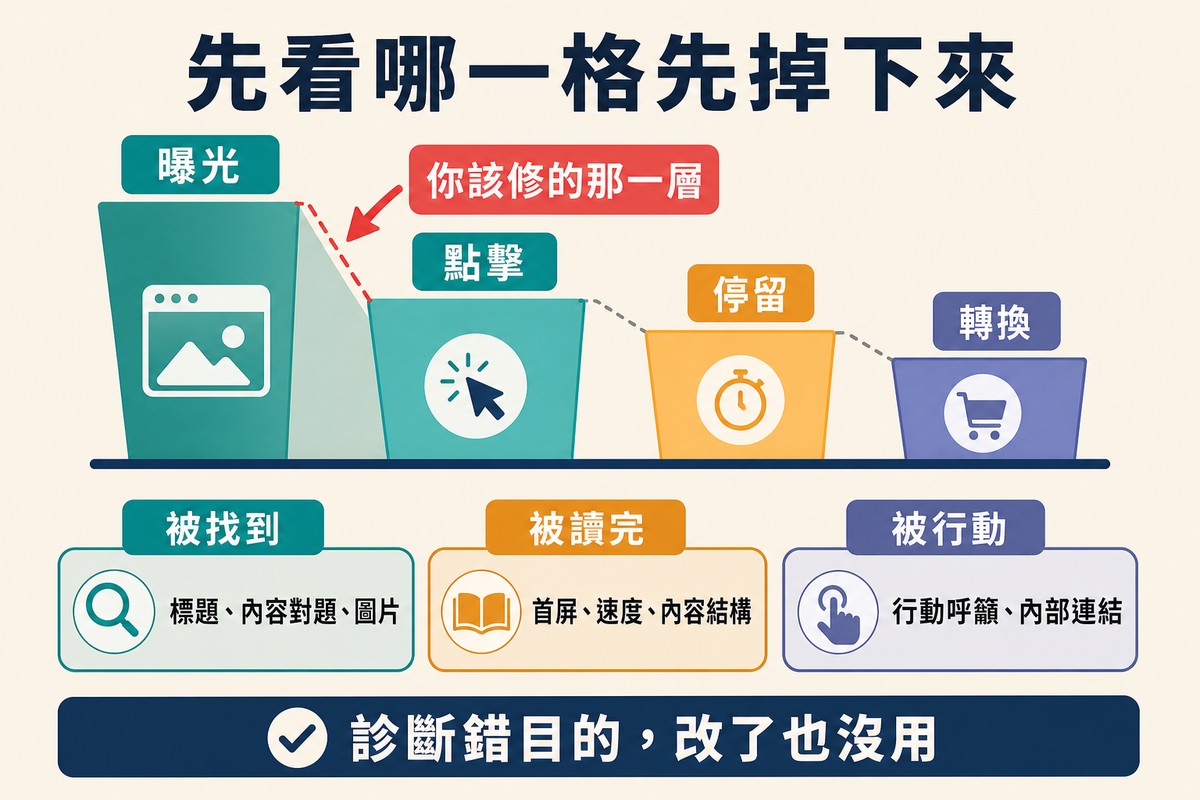 四根由高到低的階梯長條分別是曝光、點擊、停留與轉換,第一個陡降處被紅筆標出,下方三條目的帶