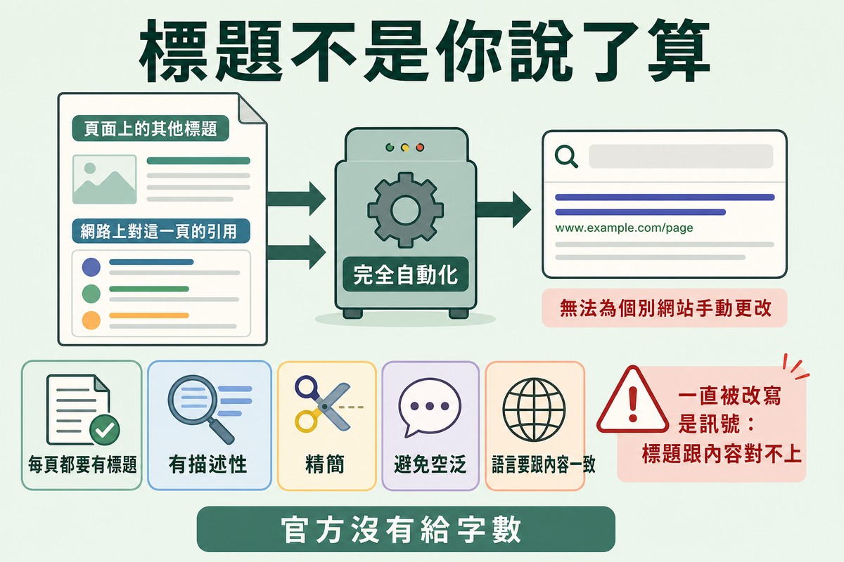 左邊三個來源匯入一個標示完全自動化的齒輪方塊,右邊是產生出來的搜尋標題,下方五個最佳做法標籤