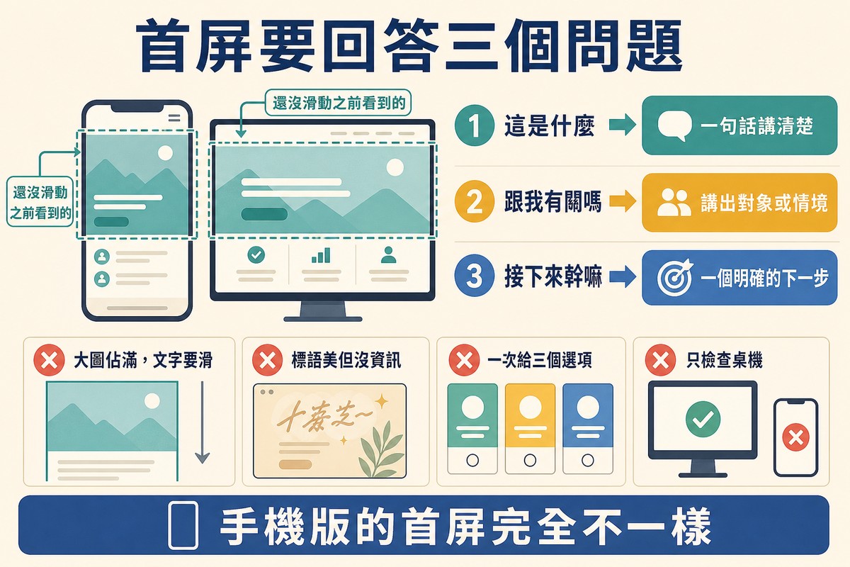 左邊手機與桌機兩個框都把未滑動區域標出,右邊三列首屏該回答的問題,下方四個被劃掉的常見錯誤