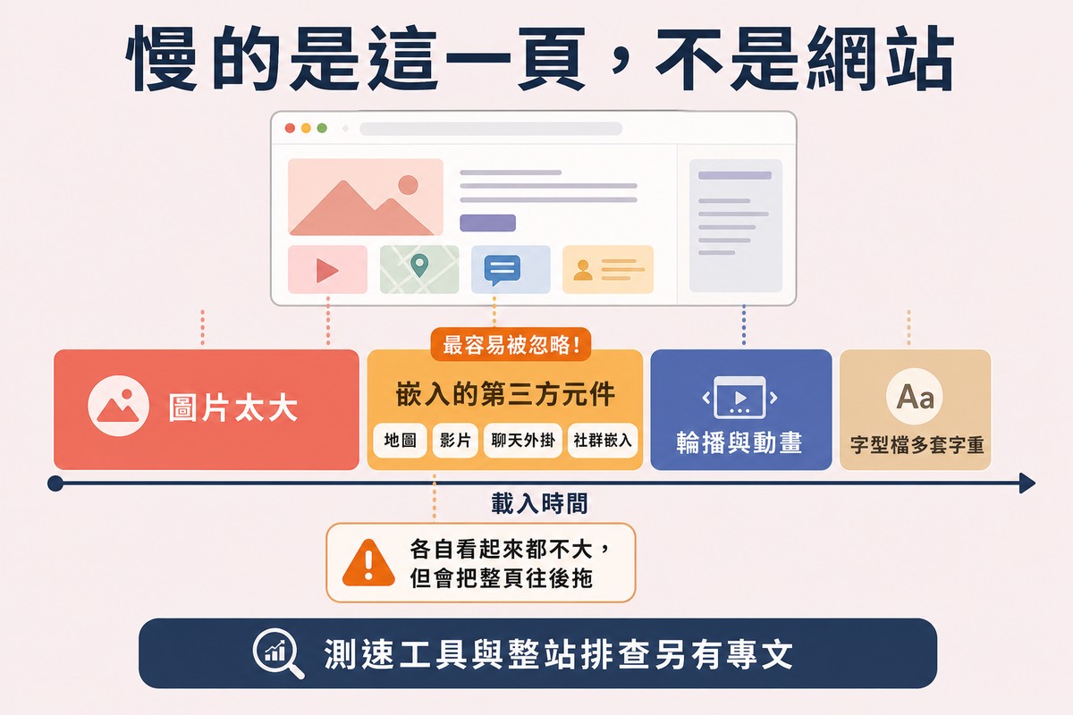 一條載入時間軸上排著四個寬度不一的拖慢因素,嵌入的第三方元件那一塊另附四個子標籤