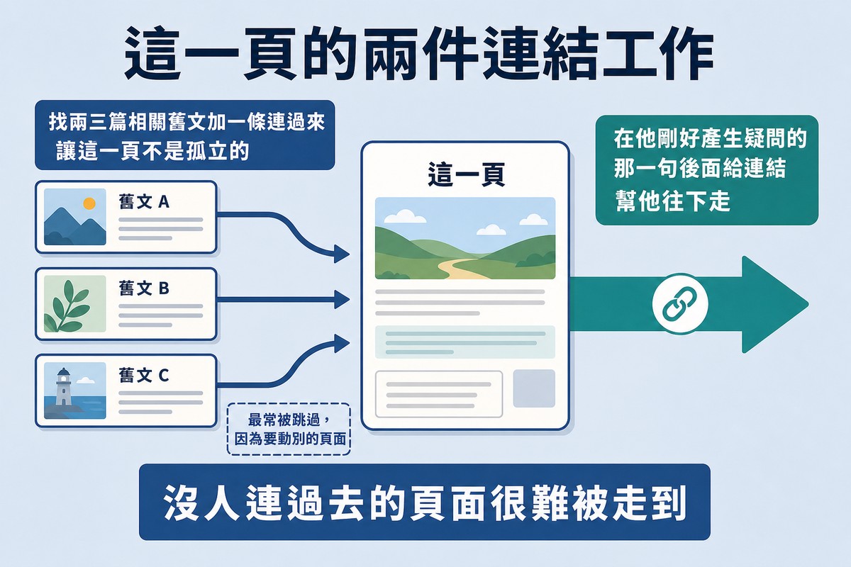 中央一張這一頁的卡片,往右連出去給相關頁面,左邊三篇舊文各連一條進來
