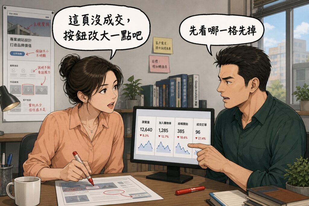 一位行銷主管與一位網站顧問在工作室對談,主管拿著紅筆說「這頁沒成交,按鈕改大一點吧」,顧問指著螢幕上的四欄數據回應「先看哪一格先掉」
