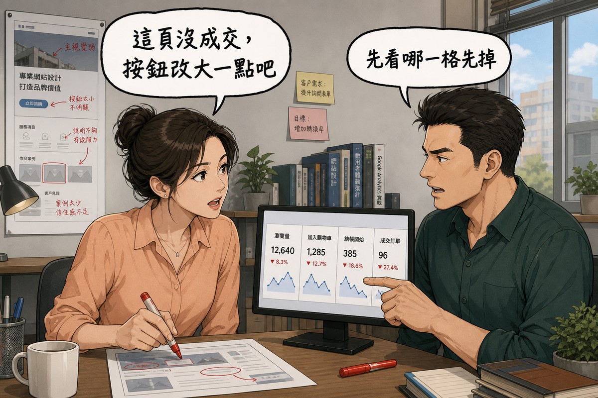 一位行銷主管與一位網站顧問在工作室對談,主管拿著紅筆說「這頁沒成交,按鈕改大一點吧」,顧問指著螢幕上的四欄數據回應「先看哪一格先掉」