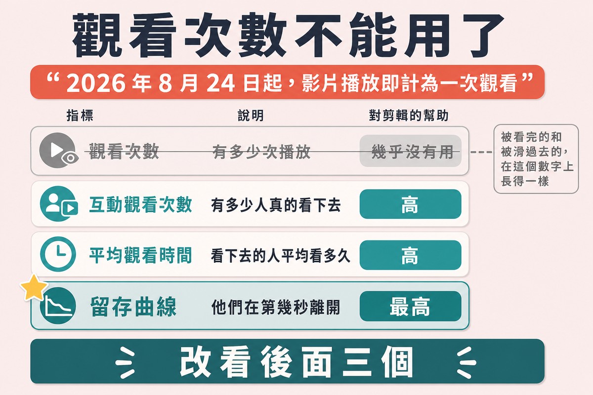 圖上方寫「觀看次數不能用了」,頂部引用官方公告,下方四列分別是觀看次數、互動觀看次數、平均觀看時間、留存曲線,第一列被劃掉、最後一列加了星號。
