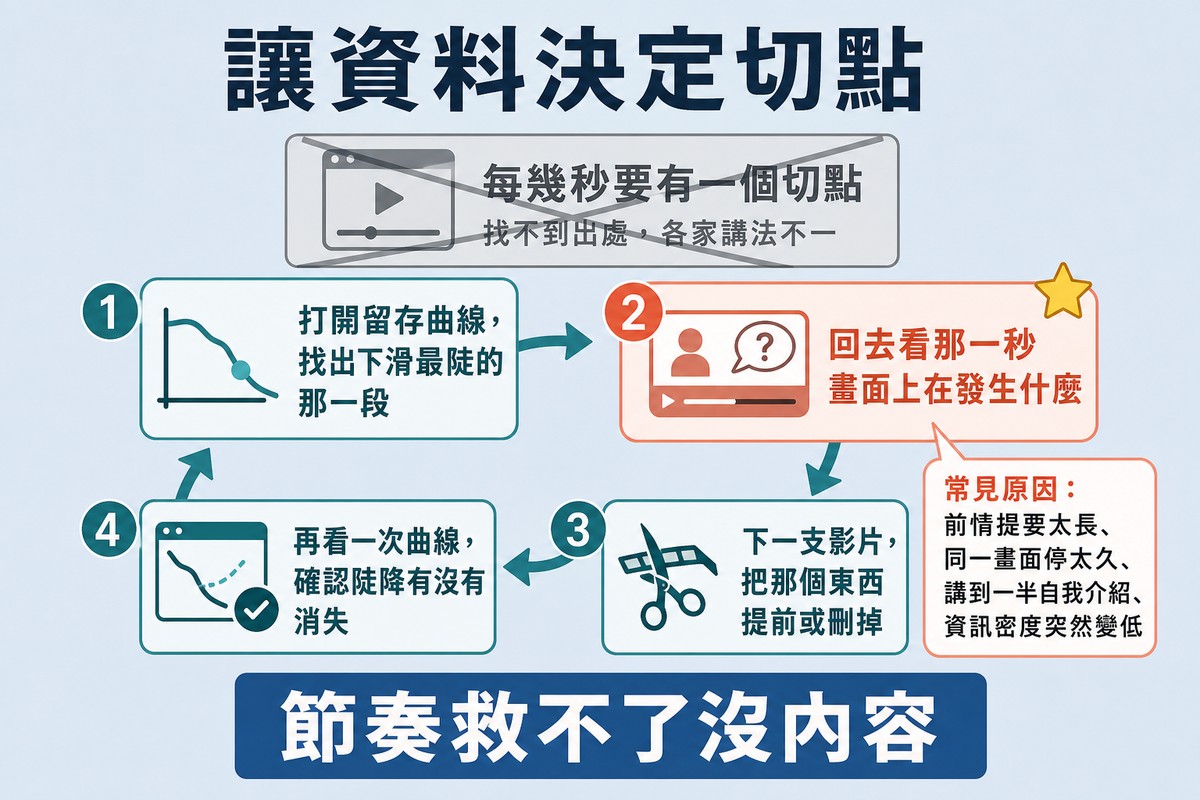 圖上方寫「讓資料決定切點」,頂端一張被劃掉的每幾秒切一次卡片,下方四個編號步驟繞成一個迴圈,第二步加了星號。