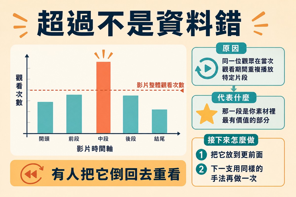 圖上方寫「超過不是資料錯」,留存圖中某一段的絕對觀看次數長條高過代表整體觀看次數的虛線,旁邊標出原因與意義。