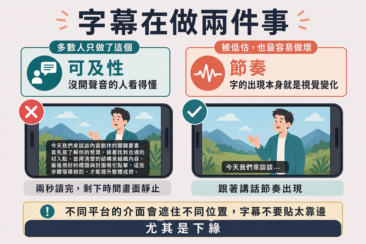 圖上方寫「字幕在做兩件事」,上方兩張功能卡分別是可及性與節奏,下方兩支手機畫面對比整段塞滿與一次一句短語。
