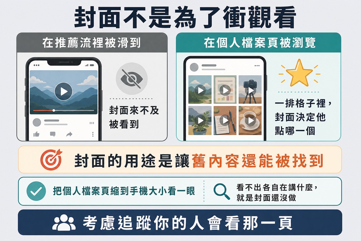 圖上方寫「封面不是為了衝觀看」,左邊推薦流裡影片已經在播、封面來不及被看到,右邊個人檔案頁一排格子由封面決定點哪一個。