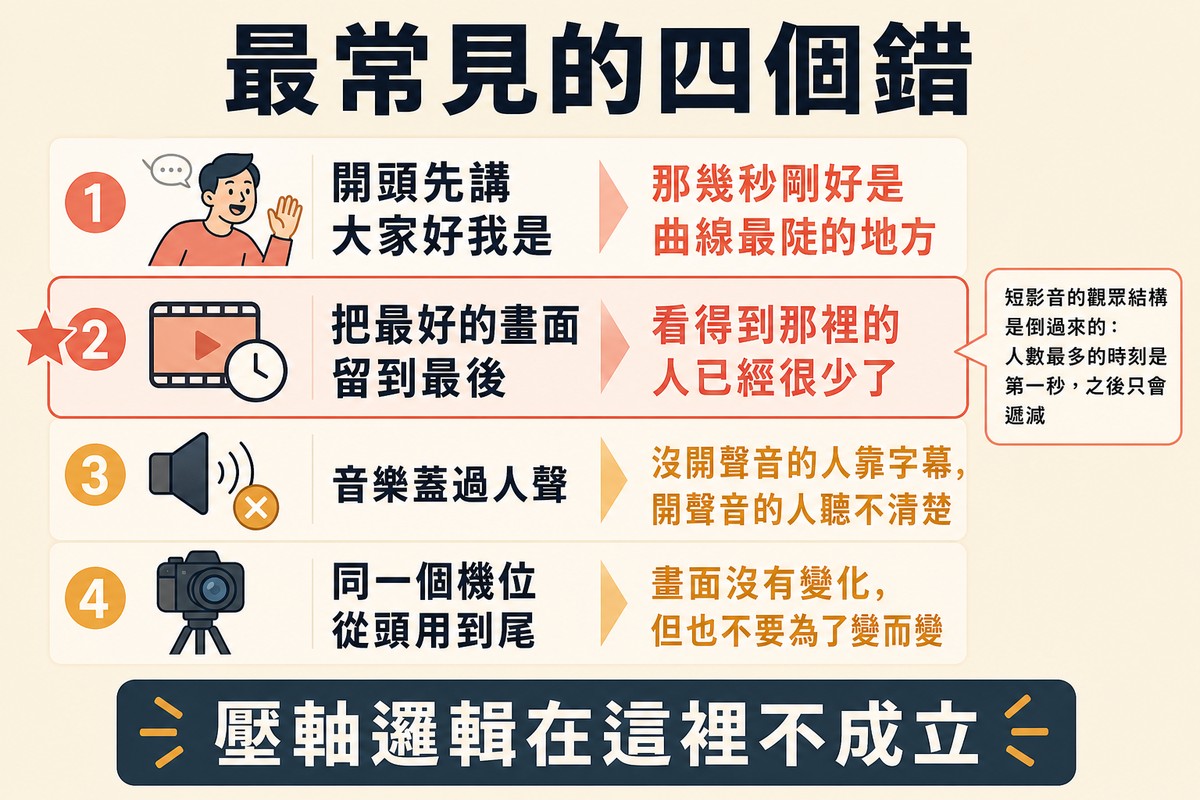 圖上方寫「最常見的四個錯」,四列分別是開頭自我介紹、最好的留到最後、音樂蓋過人聲、同一機位到底,第二列加了星號。