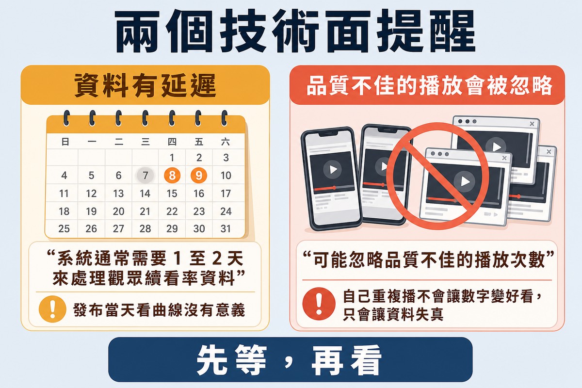 圖上方寫「兩個技術面提醒」,左卡是資料延遲一到兩天的日曆,右卡是被劃掉的多裝置多分頁重複播放。