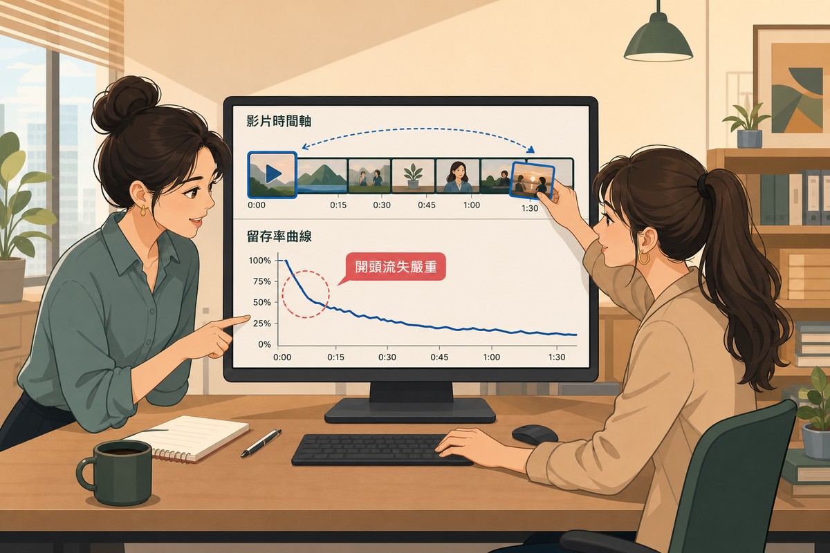 兩個同事在剪輯桌前，螢幕上方是直式影片的時間軸、下方是一條在開頭就陡降的留存曲線，其中一人指著陡降處，另一人正把開頭的片段拖到最後面。