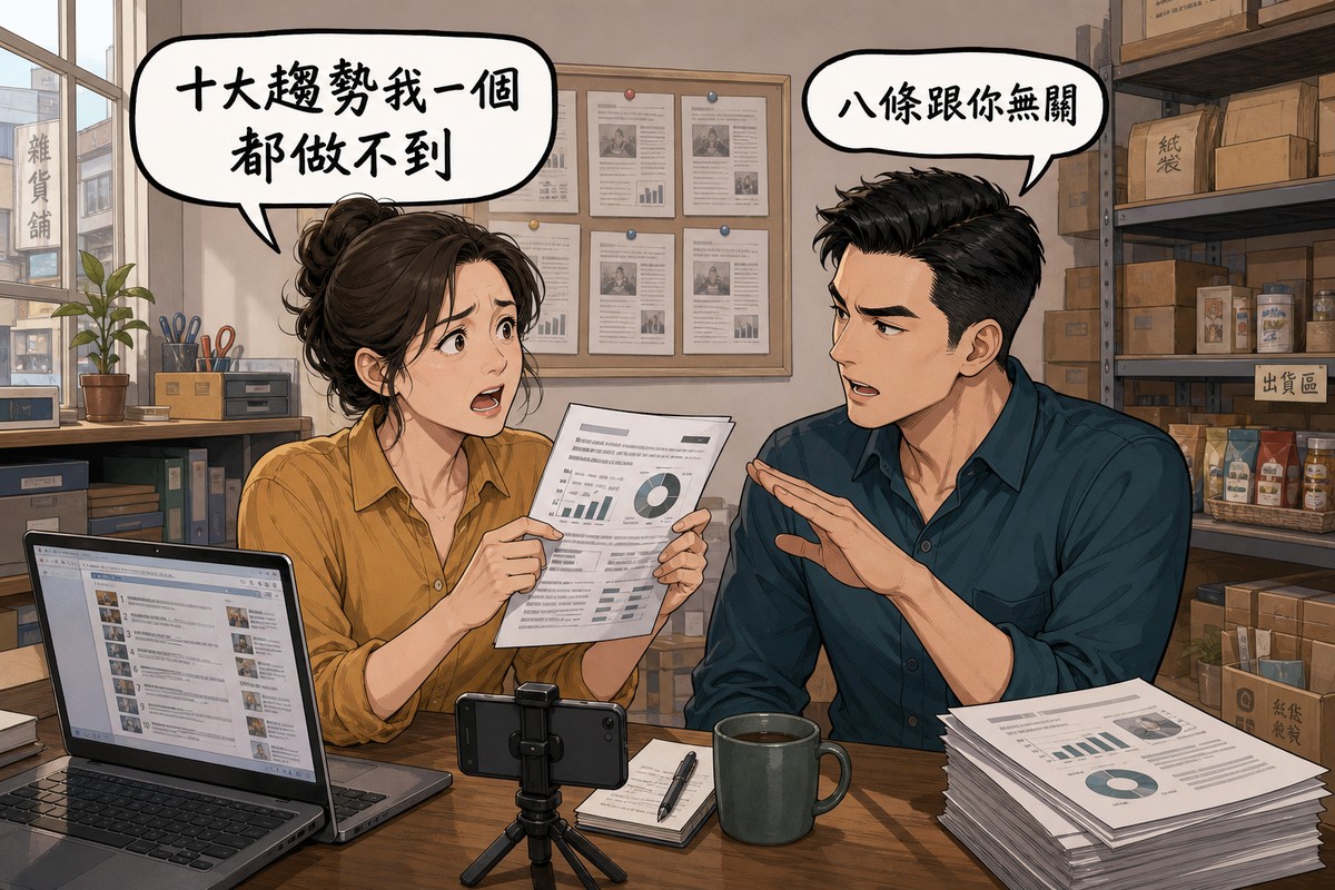 一位店家老闆與一位行銷顧問在辦公室對談,老闆舉著一份趨勢報告說「十大趨勢我一個都做不到」,顧問比出劃掉的手勢回應「八條跟你無關」