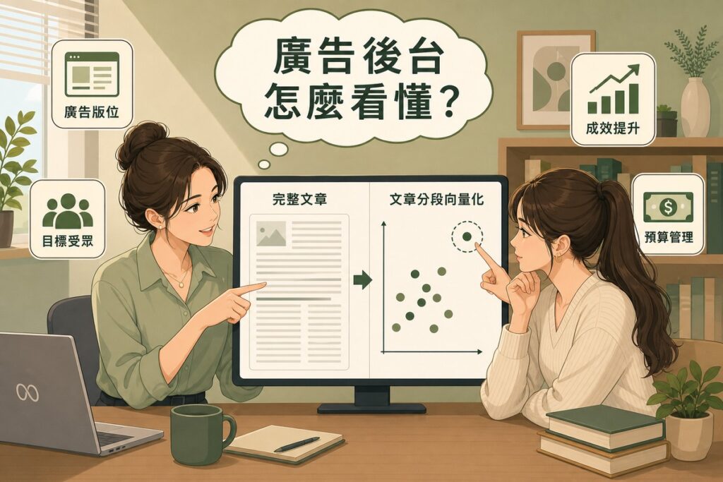 兩個同事在桌前看著螢幕，左邊是一篇長文章，右邊是同一篇被拆成好幾張各自獨立的卡片，每張卡片在一張散佈圖上變成一個點，其中一人正指著一個離群的點。
